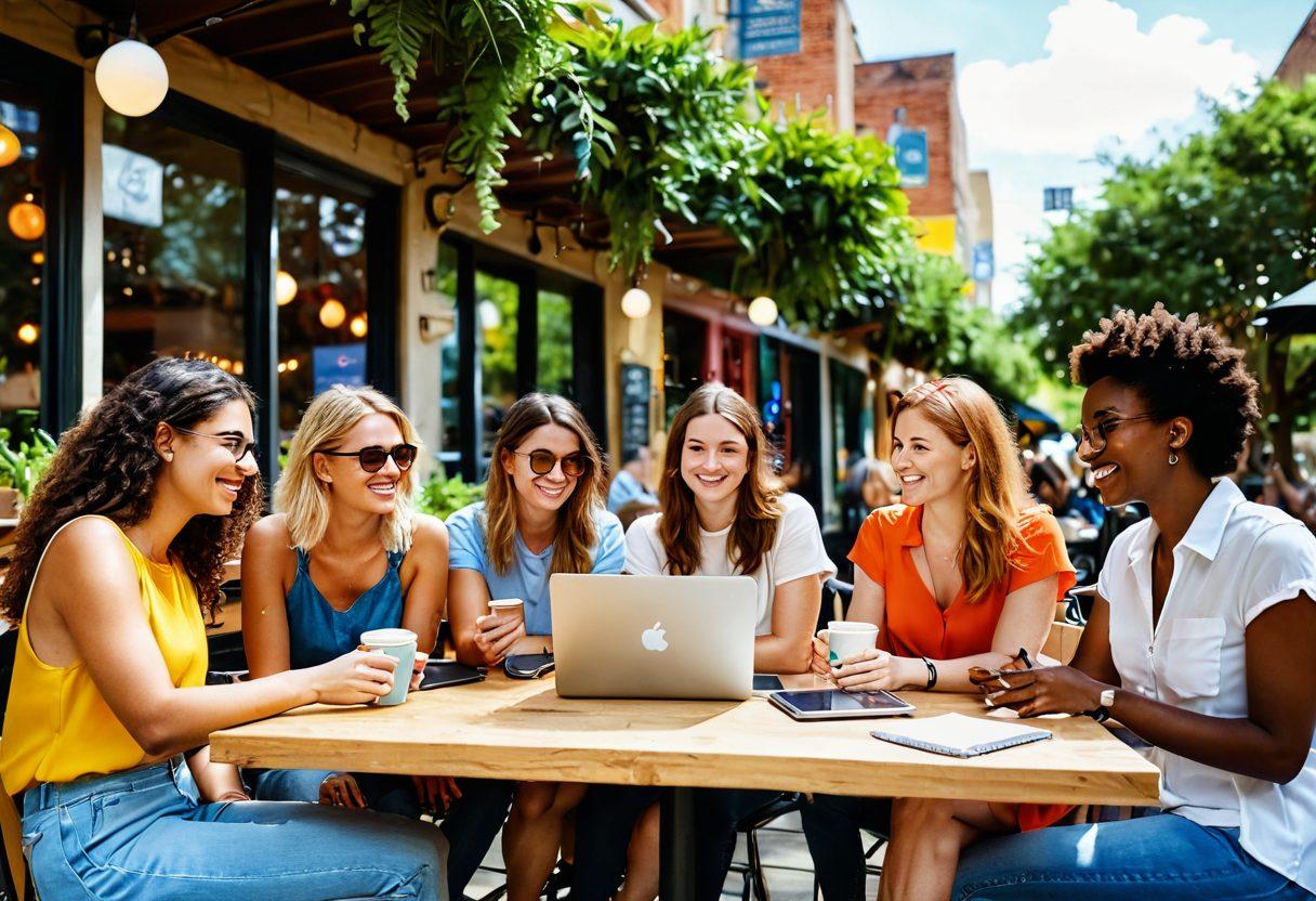 A vibrant scene of diverse bloggers engaging in a lively discussion at a sunny outdoor cafe, surrounded by colorful plants and laptops, with thought bubbles showcasing various social media icons representing engagement. Include elements like coffee cups, open notebooks, and smiling faces to convey a sense of community and collaboration. super-realistic. vibrant colors. warm lighting.