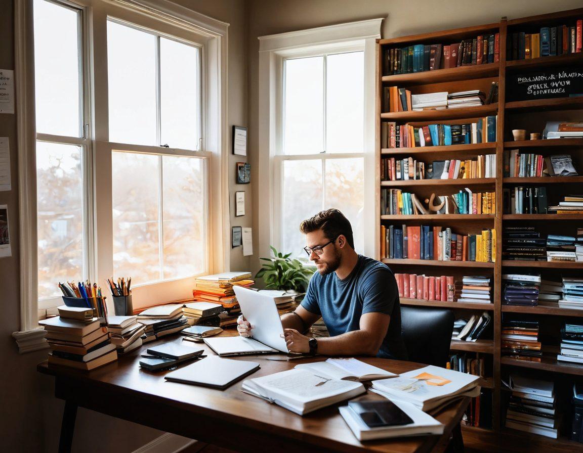 A vibrant scene of a writer at a cozy desk, surrounded by stacks of colorful books, a laptop with an open blank document, and a steaming cup of coffee. The walls are adorned with inspirational quotes about writing, and soft sunlight filters through a window. Include floating text bubbles with tips for engaging writing, and a warm, inviting atmosphere. super-realistic. vibrant colors. white background.