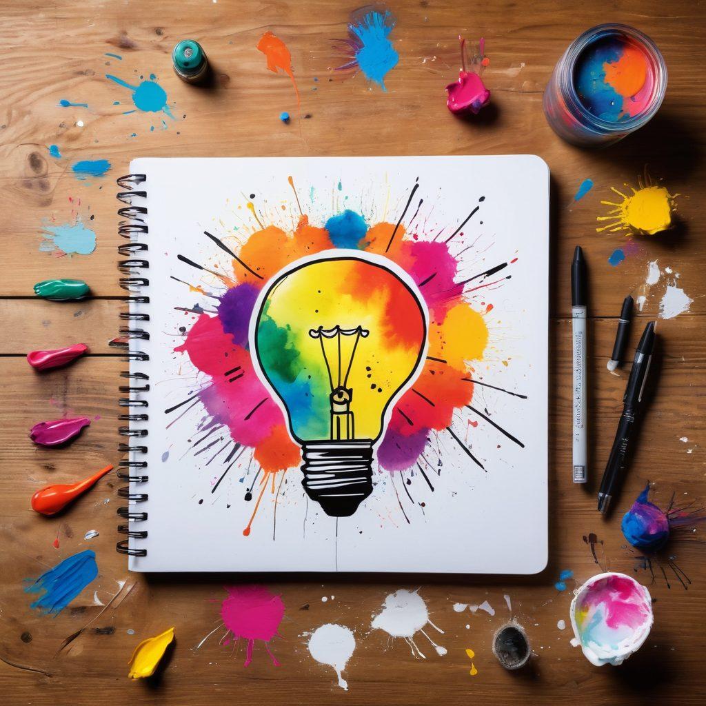A vibrant light bulb, representing creative ideas, surrounded by colorful paint splatters and whimsical doodles on a wooden desk. Open notebooks, art supplies, and a laptop are scattered around, symbolizing brainstorming and blog writing. Cheerful colors and an inviting atmosphere stimulate creativity. super-realistic. vibrant colors. artistic background.